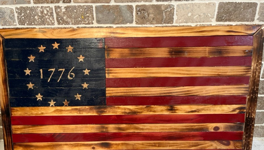 1776 Heritage flag with red stained stripes and 13 stars