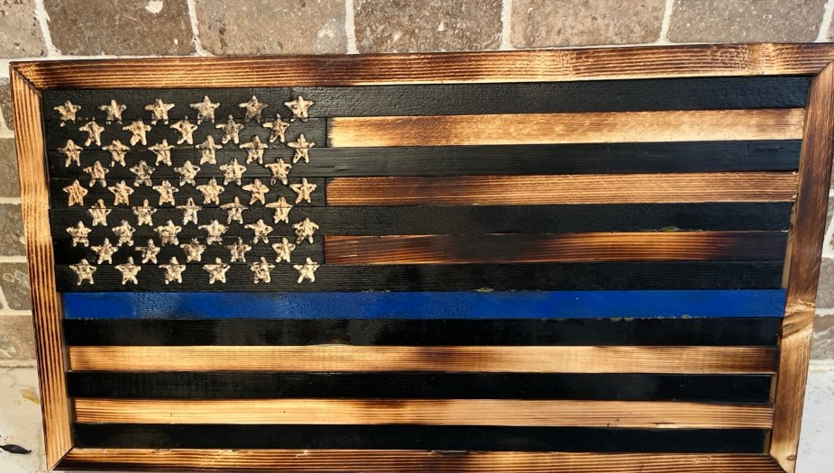 Thin Blue Line charred wooden flag with gold stars